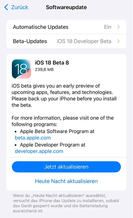 都安苹果手机维修分享苹果 iOS / iPadOS 18 开发者预览版 Beta 8 发布 